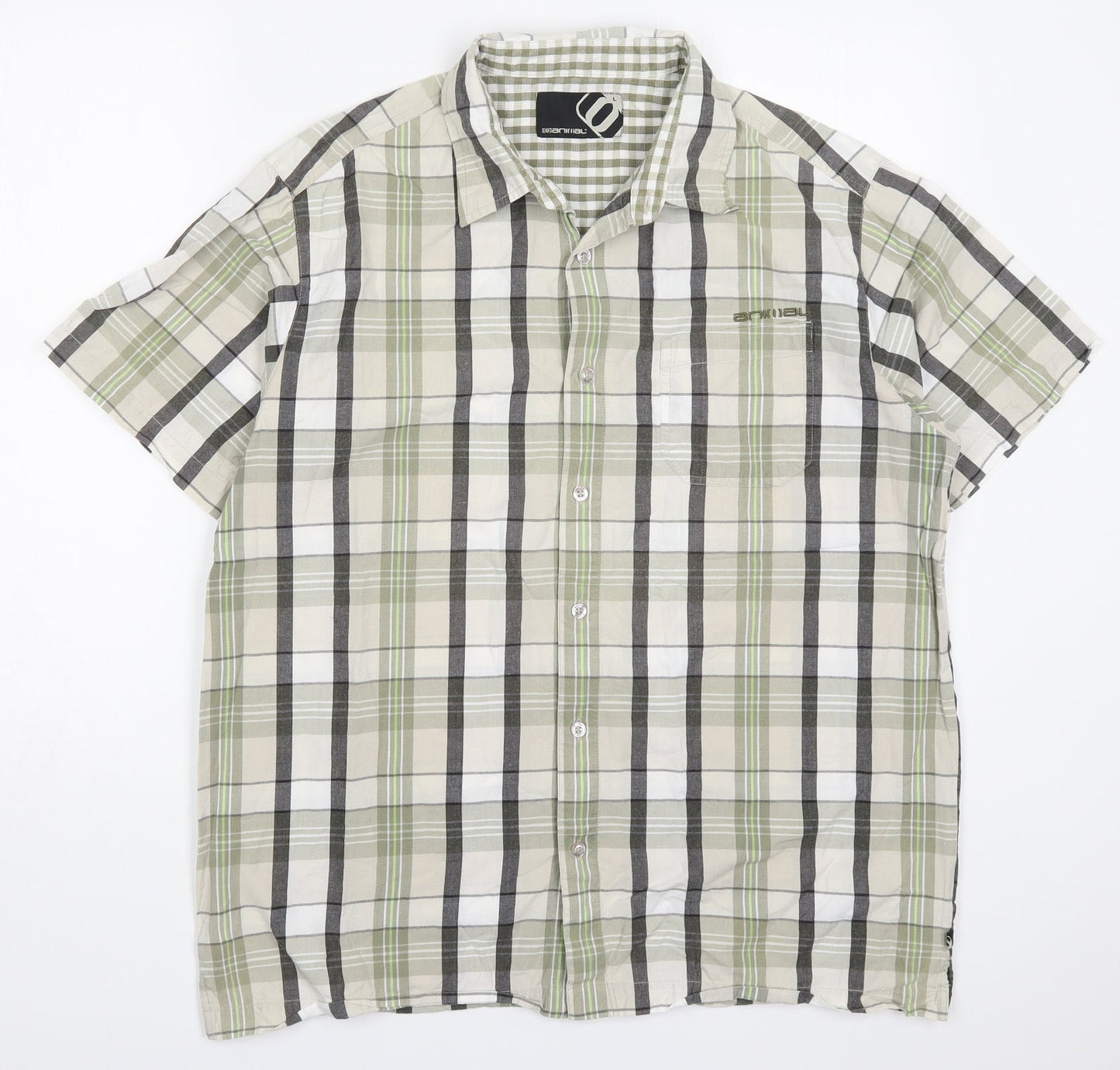Animal Mens Green Check Cotton  Button-Up Size L Collared Button