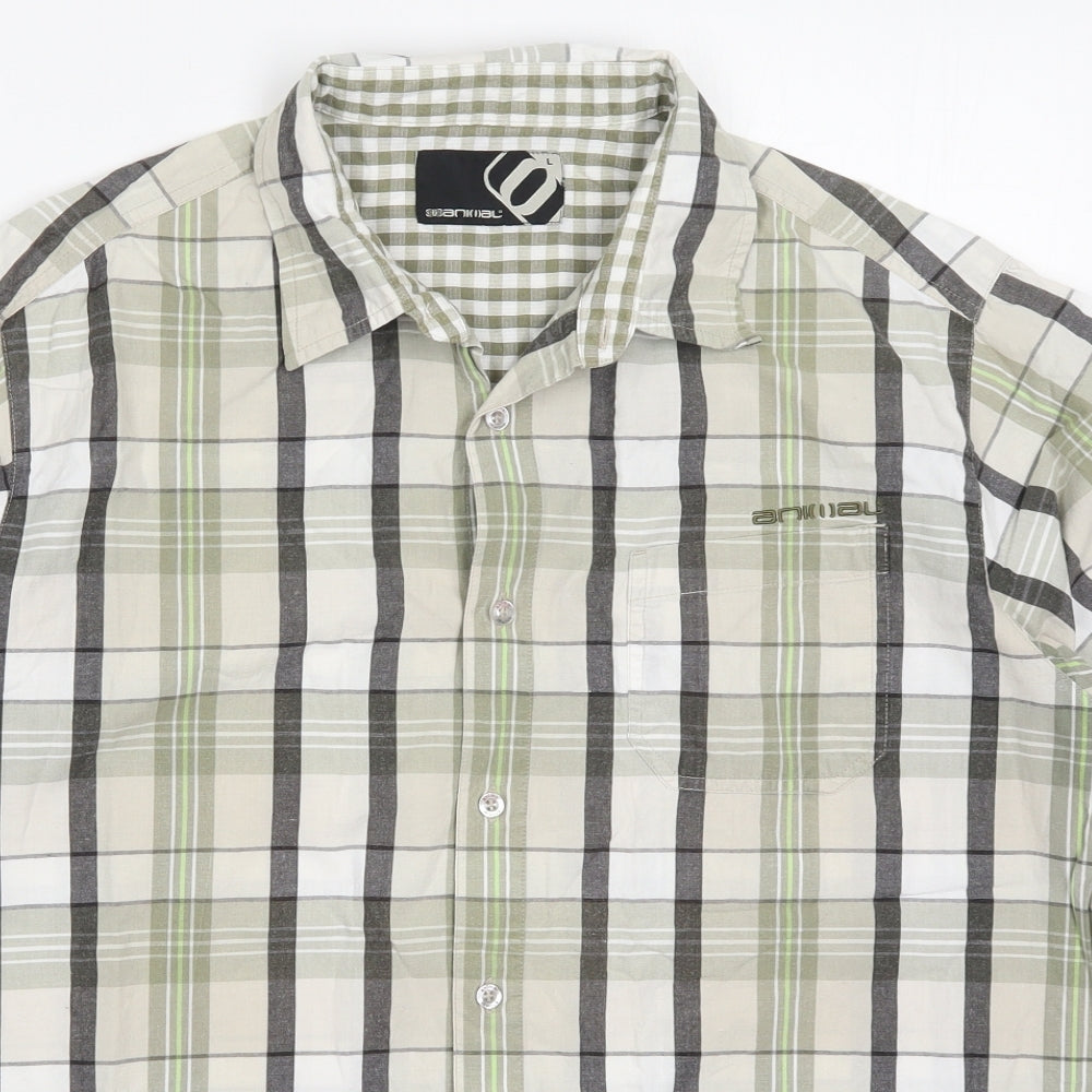 Animal Mens Green Check Cotton  Button-Up Size L Collared Button