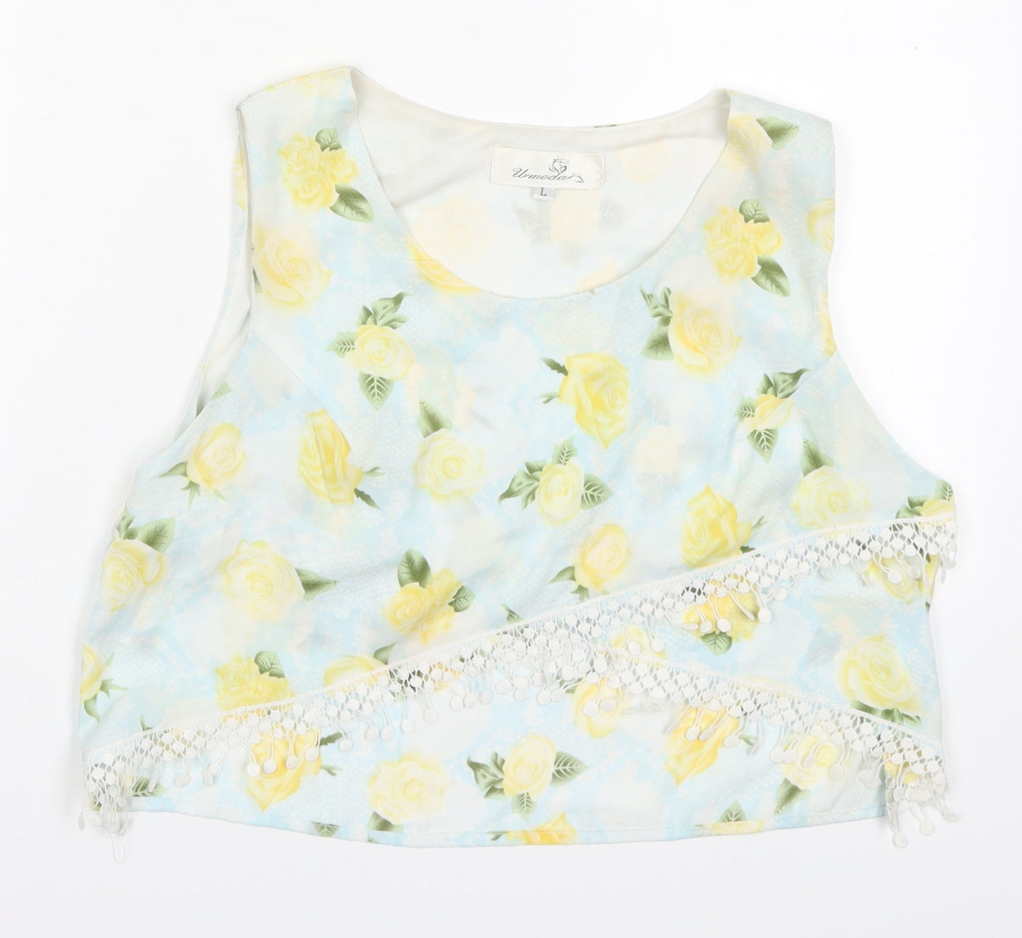 Urmodar Womens Blue Floral Polyester Cropped Tank Size M Round Neck - Yellow Flowers