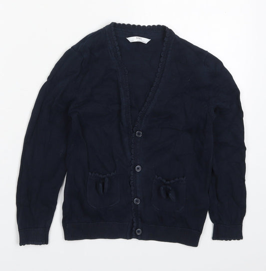 Marks and Spencer Girls Blue V-Neck  Cotton Cardigan Jumper Size 5-6 Years  Button