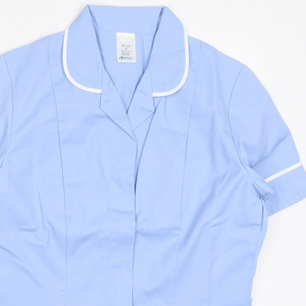 Close-up detail of Alexndra women’s blue polyester basic polo, size UK 8, v-neck