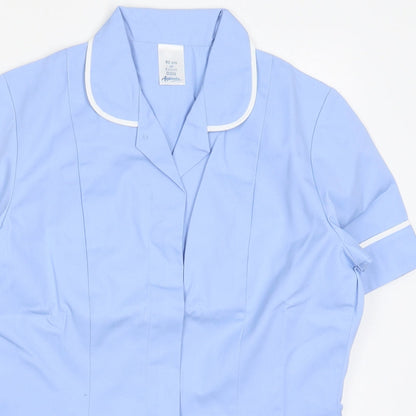Close-up detail of Alexndra women’s blue polyester basic polo, size UK 8, v-neck