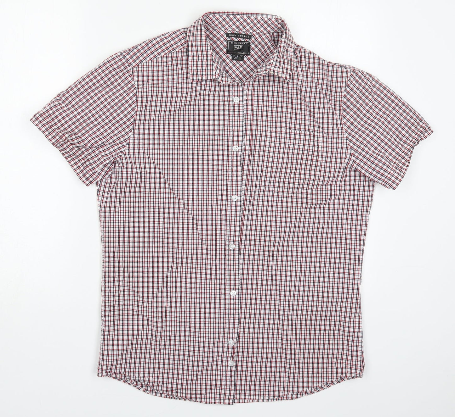F&F Mens Red Check Cotton  Button-Up Size M Collared Button