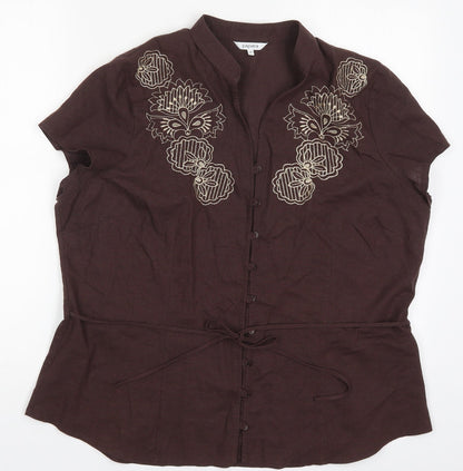 Papaya Womens Brown Floral Linen Basic Button-Up Size 20 Round Neck