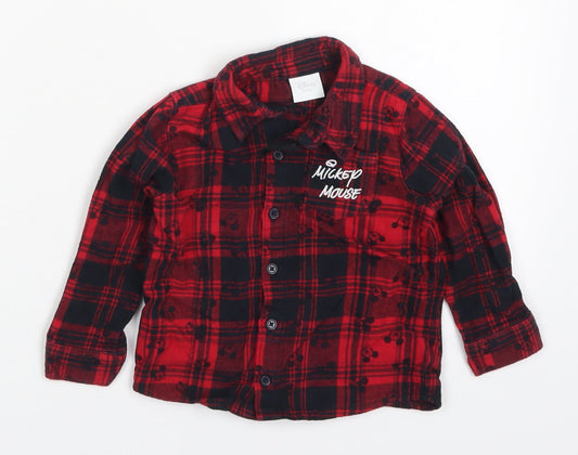 F&F Baby Red Check Cotton Basic Button-Up Size 12-18 Months Collared Button - Mickey Mouse