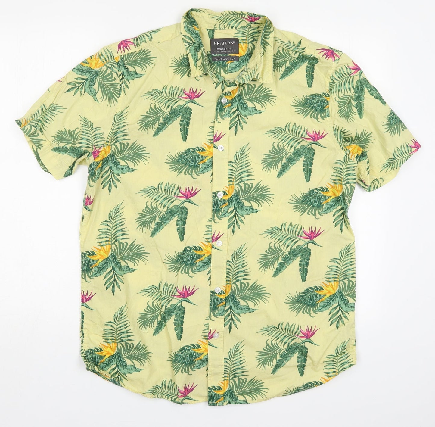 Primark Mens Yellow Floral Cotton  Button-Up Size L Collared Button