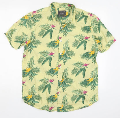 Primark Mens Yellow Floral Cotton  Button-Up Size L Collared Button