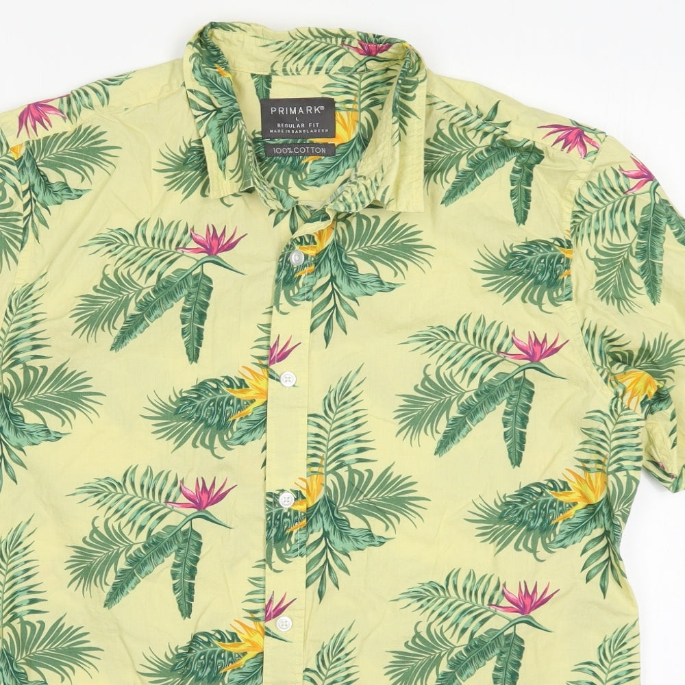 Primark Mens Yellow Floral Cotton  Button-Up Size L Collared Button