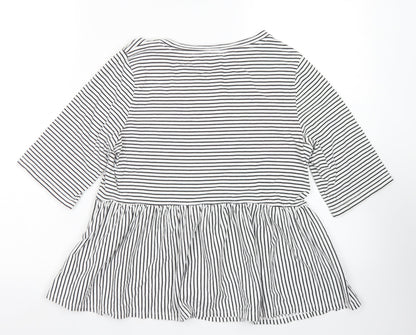 F&F Womens Black Striped Cotton Basic T-Shirt Size 6 Collared - Peplum