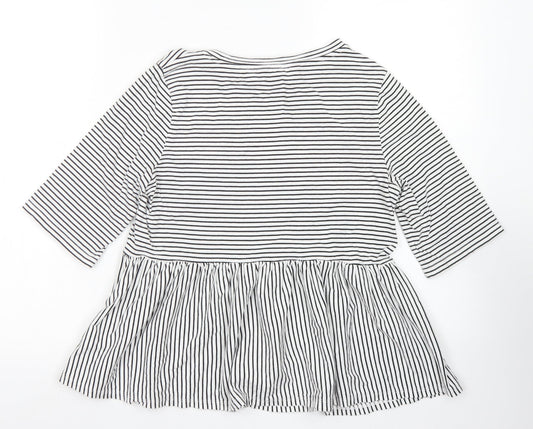 F&F Womens Black Striped Cotton Basic T-Shirt Size 6 Collared - Peplum