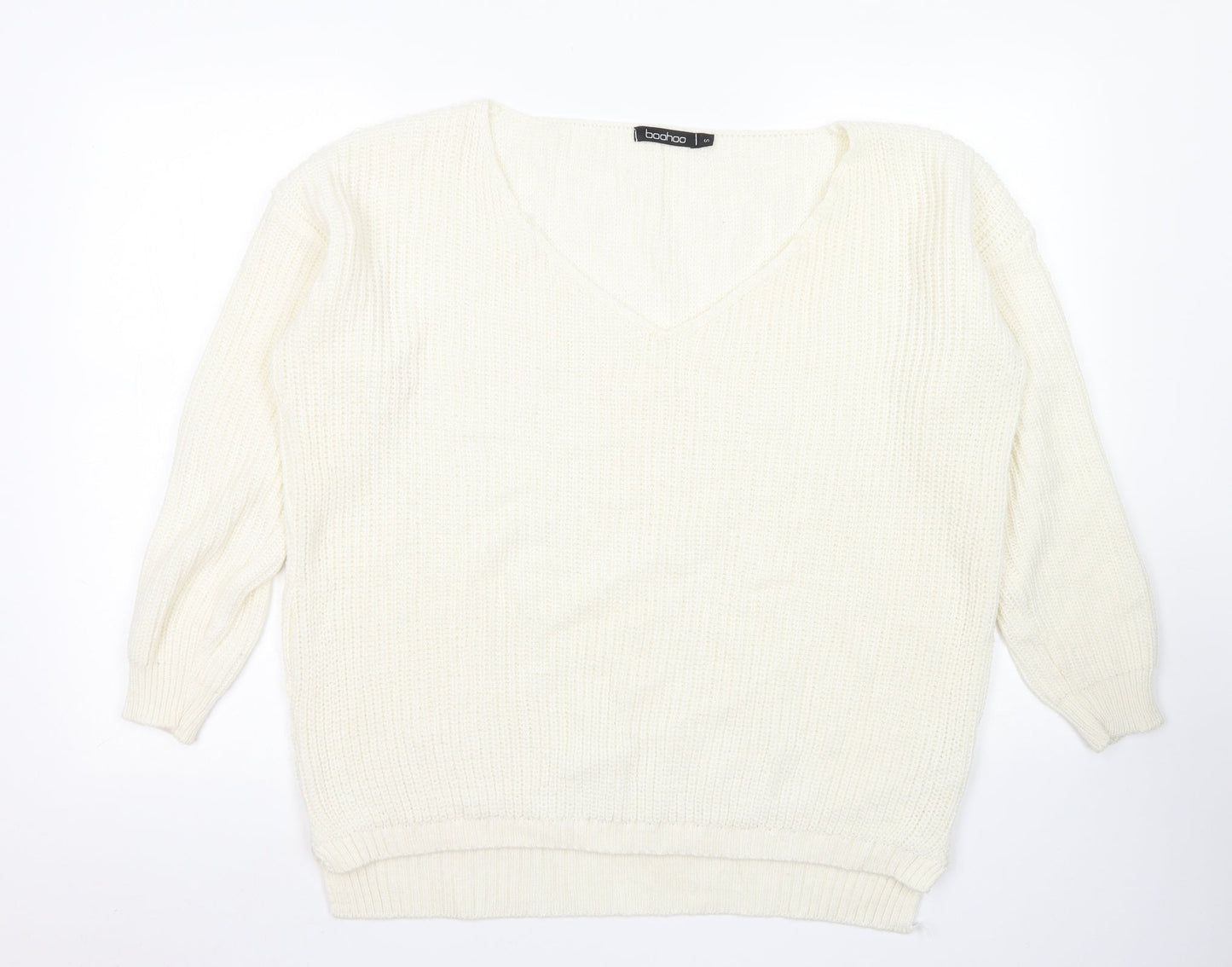 Boohoo Womens White V-Neck  Acrylic Pullover Jumper Size S