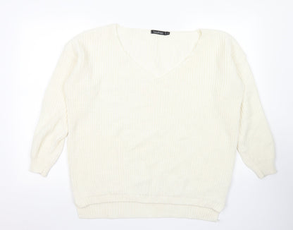 Boohoo Womens White V-Neck  Acrylic Pullover Jumper Size S