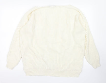 Boohoo Womens White V-Neck  Acrylic Pullover Jumper Size S