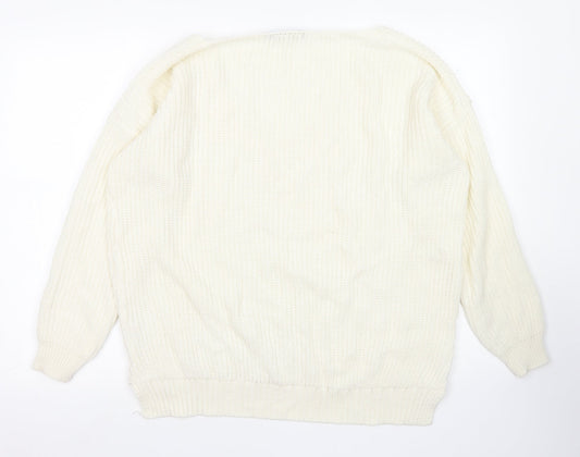 Boohoo Womens White V-Neck  Acrylic Pullover Jumper Size S