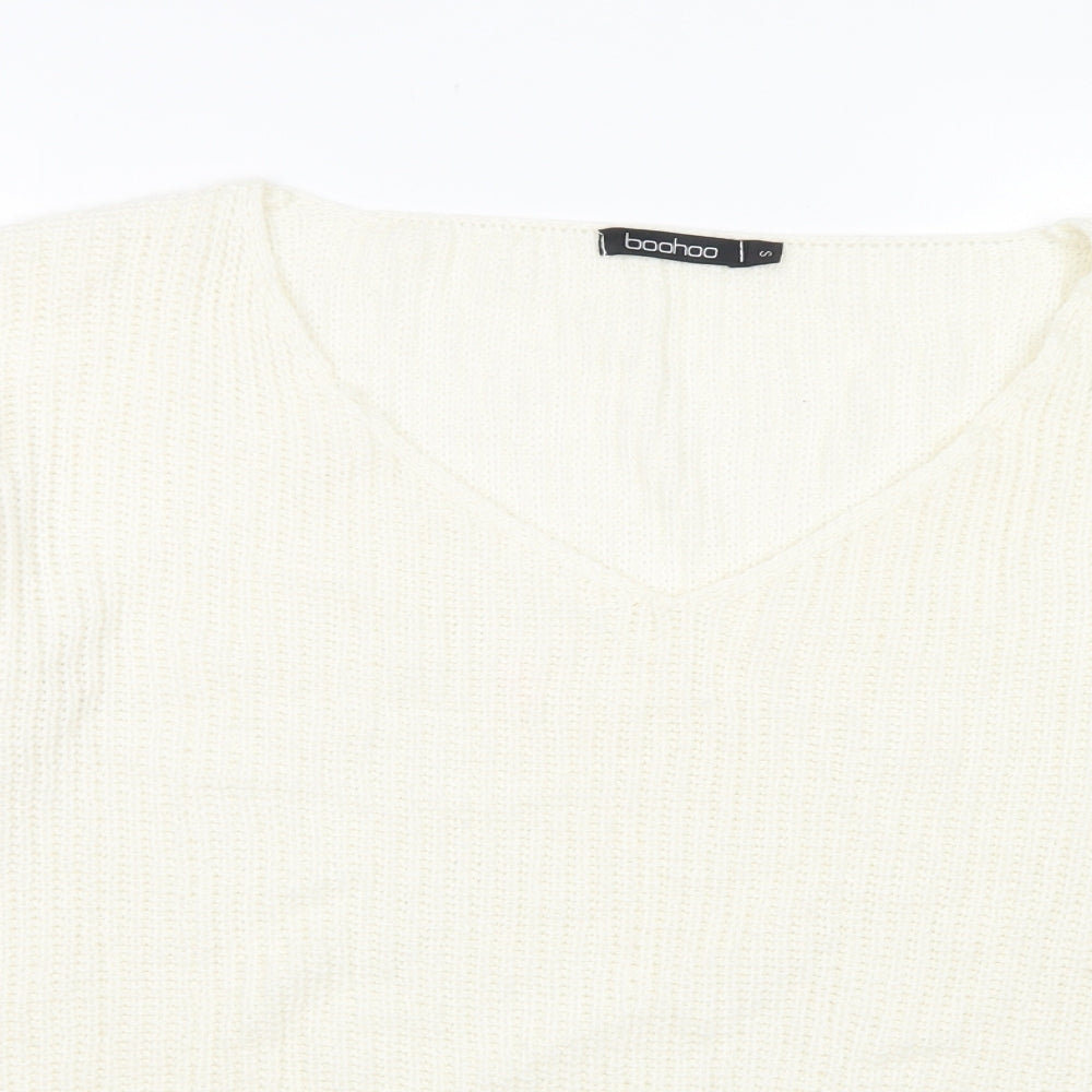Boohoo Womens White V-Neck  Acrylic Pullover Jumper Size S