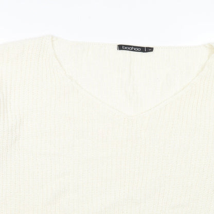 Boohoo Womens White V-Neck  Acrylic Pullover Jumper Size S