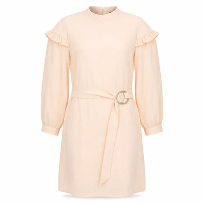 Front view of JEUVRE women’s orange polyester shift, size UK 8, round neck