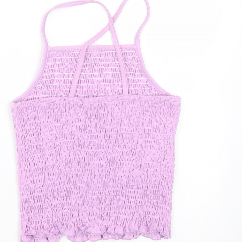 Brand and care label for Candy girls’ purple polyester basic t-shirt, size 10, years square neck