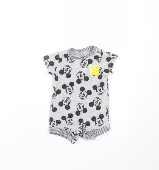 Front view of Next Baby Grey Cotton Babygrow One-Piece Size Newborn - mickey mouse