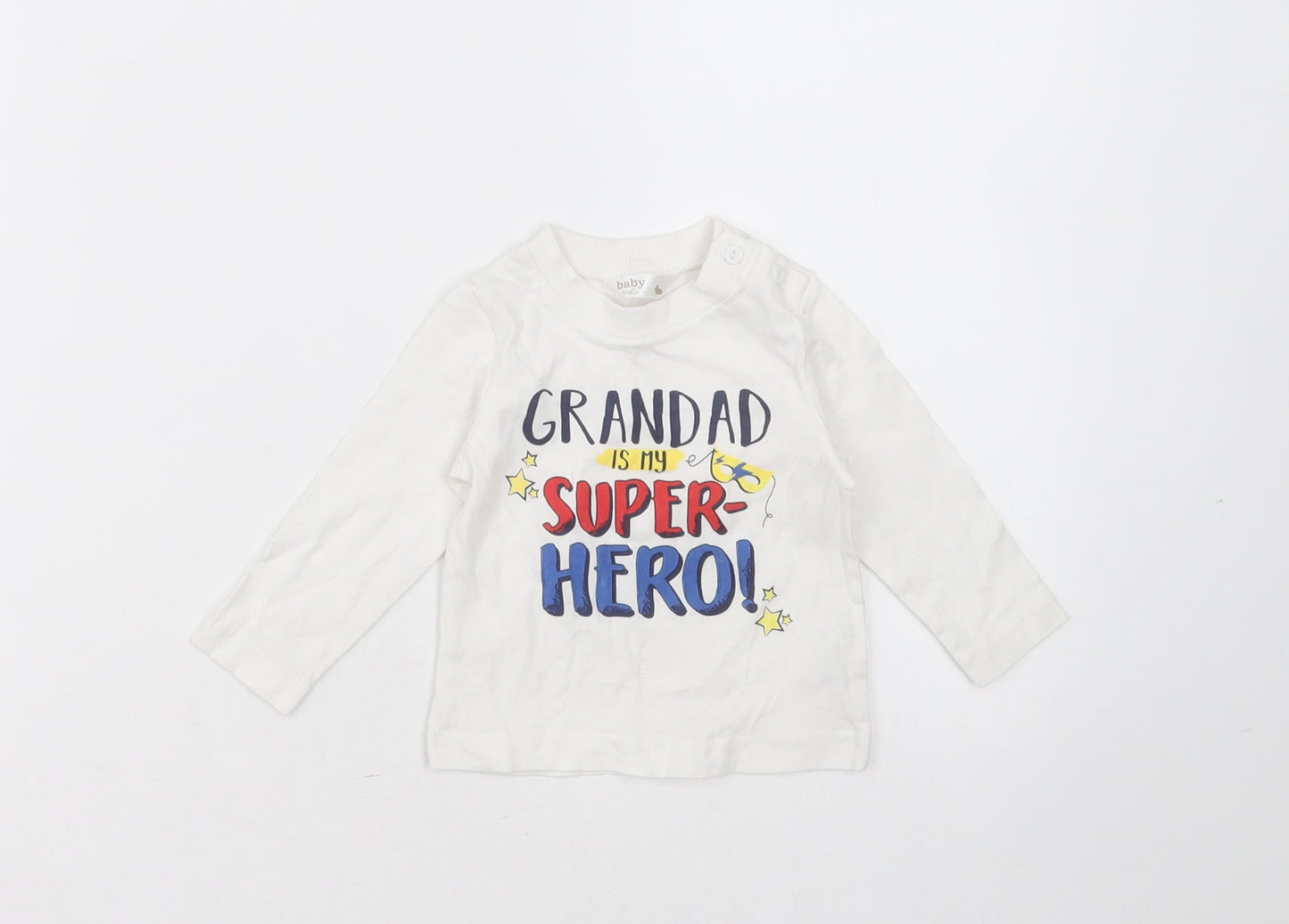 Baby M&Co Baby White  Cotton Basic T-Shirt Size 3-6 Months Round Neck  - Grandad is my superhero