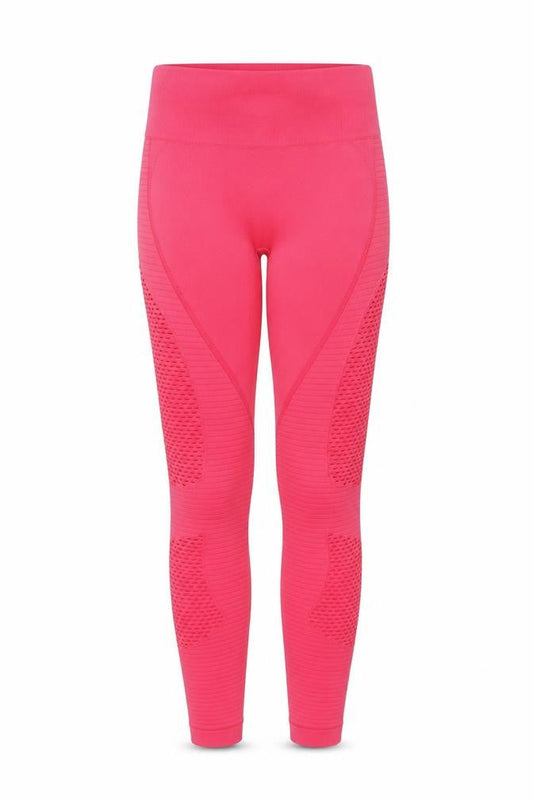 Front view of Preworn women’s pink striped polyamide compression leggings, size M, 25-inch leg extra-slim