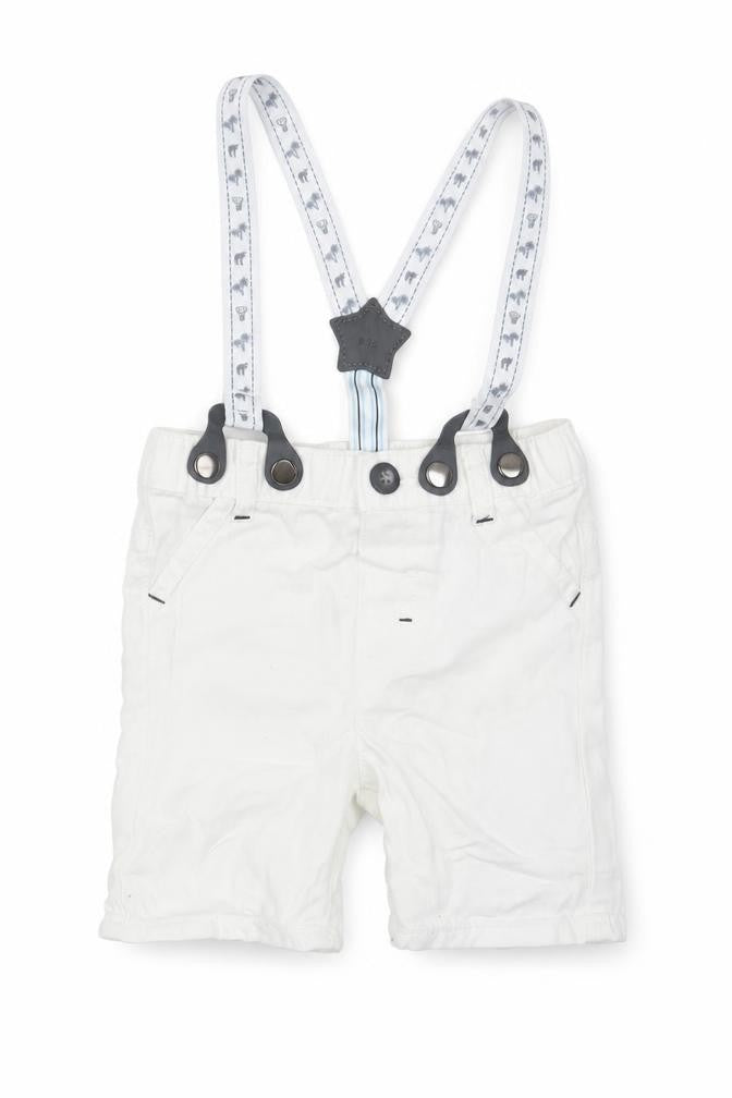 Front view of Nutmeg Baby White Cotton Trousers, size 9-12, Months - with braces