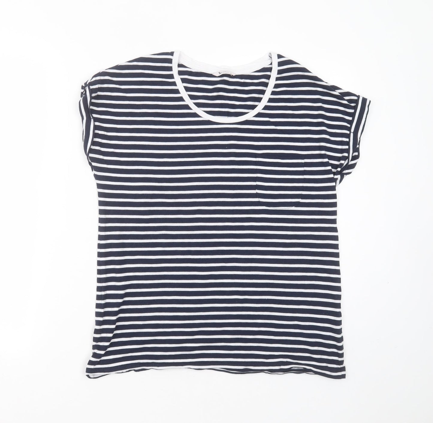 TU Womens Blue Striped Cotton Basic T-Shirt Size 10 Round Neck