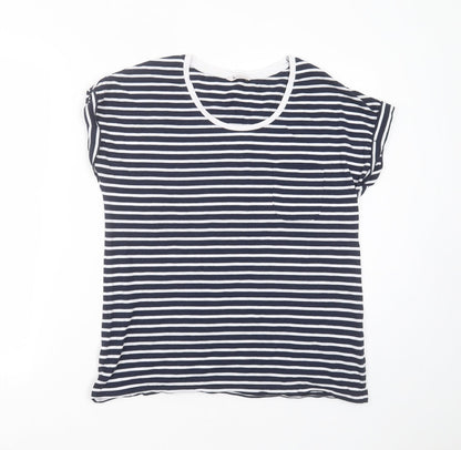 TU Womens Blue Striped Cotton Basic T-Shirt Size 10 Round Neck