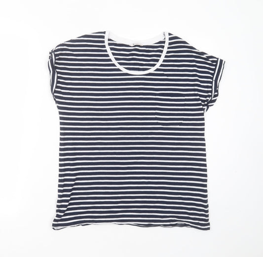 TU Womens Blue Striped Cotton Basic T-Shirt Size 10 Round Neck