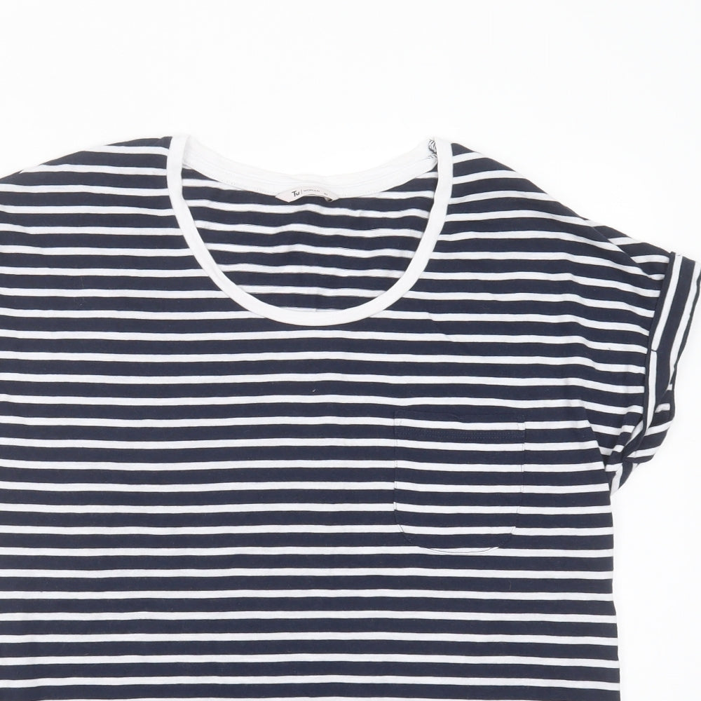 TU Womens Blue Striped Cotton Basic T-Shirt Size 10 Round Neck