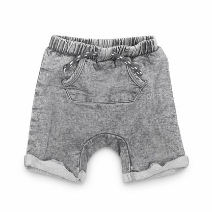 Front view of Tu Baby Grey Cotton Trousers, size 9-12, Months Drawstring - shorts