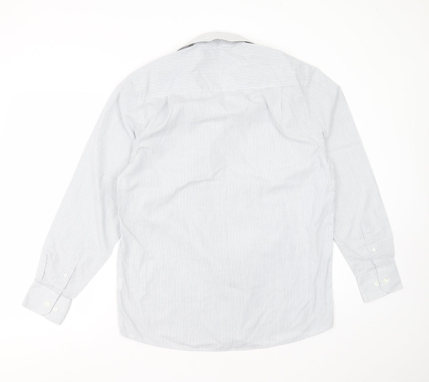 B&W Mens White Striped Polyester  Button-Up Size 15.5 Collared Button