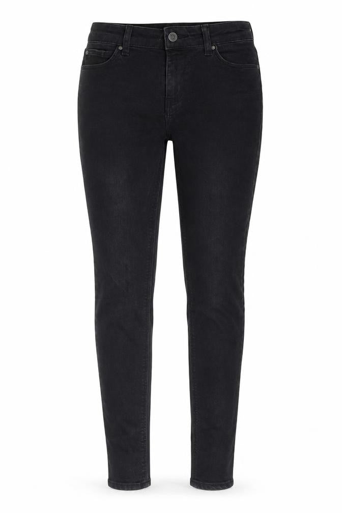 Front view of ASOS women’s black cotton skinny jeans, size UK 26, in, 29-inch leg extra-slim zip