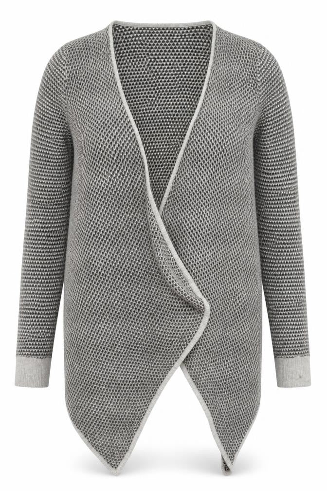 Front view of M&Co women’s grey v-neck geometric viscose cardigan jumper, size UK 14