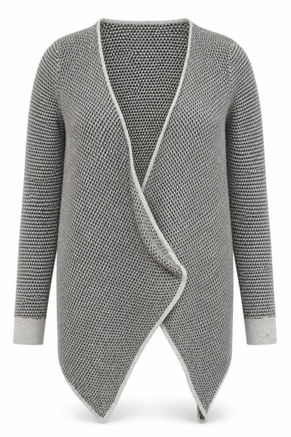 Front view of M&Co women’s grey v-neck geometric viscose cardigan jumper, size UK 14