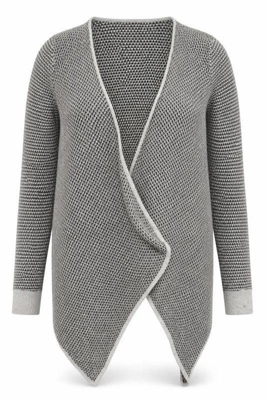 Front view of M&Co women’s grey v-neck geometric viscose cardigan jumper, size UK 14
