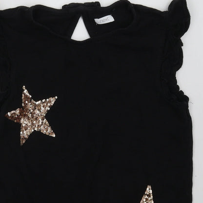 NEXT Girls Black Geometric Cotton Basic T-Shirt Size 11 Years Crew Neck Button - Star Print