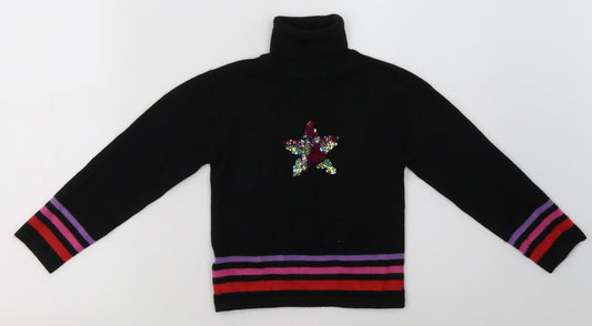 Preworn Girls Black Striped Acrylic Basic Casual Size 4-5 Years Roll Neck Pullover - Star Print