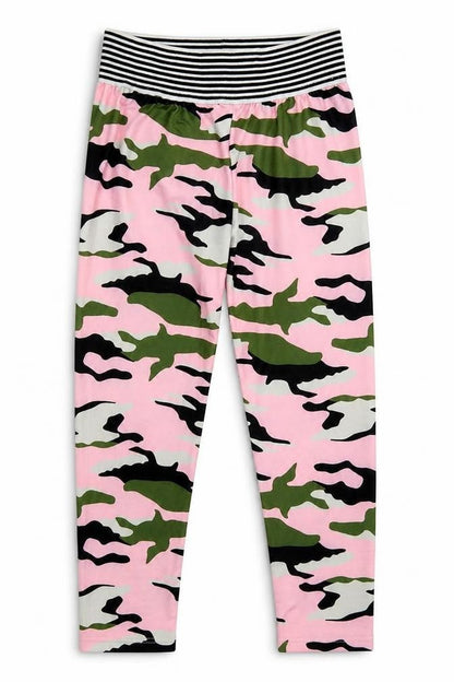 Front view of SHEIN girls’ pink camouflage polyester sweatpants, size 9, months regular
