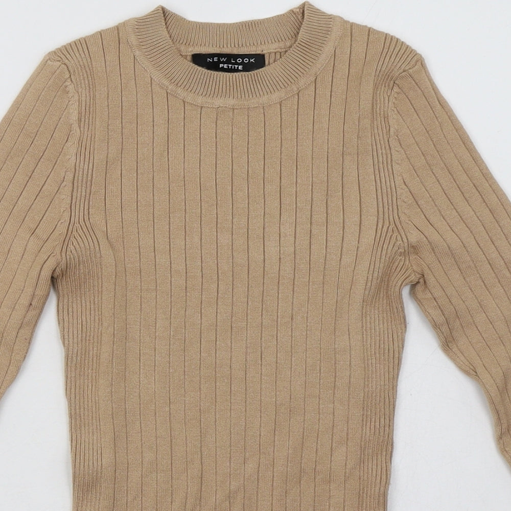 Close-up detail of New London women’s beige viscose pullover sweatshirt, size UK 4, pullover