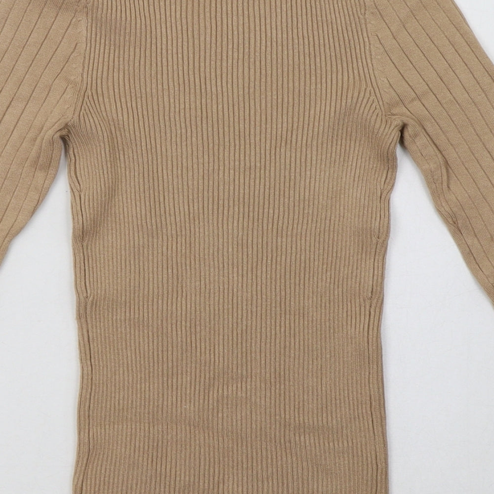 Brand and care label for New London women’s beige viscose pullover sweatshirt, size UK 4, pullover