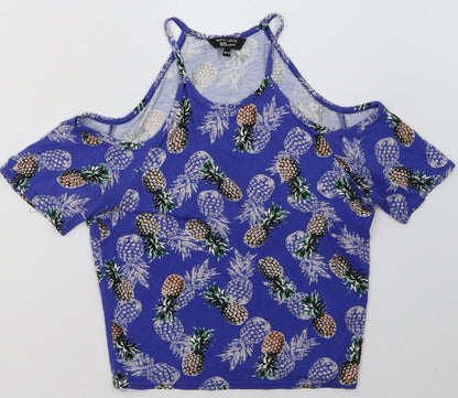 New Look Girls Blue Geometric Viscose Basic T-Shirt Size 12-13 Years Crew Neck Pullover - Pineapple Print