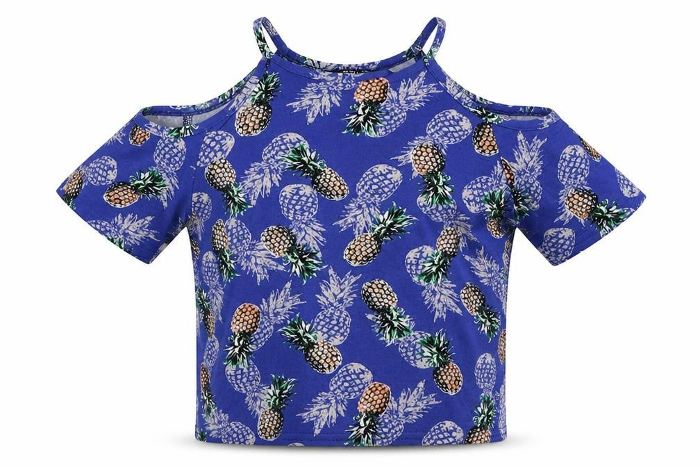 Front view of New Look girls’ blue geometric viscose basic t-shirt, size 12-13, years crew neck pullover - pineapple print