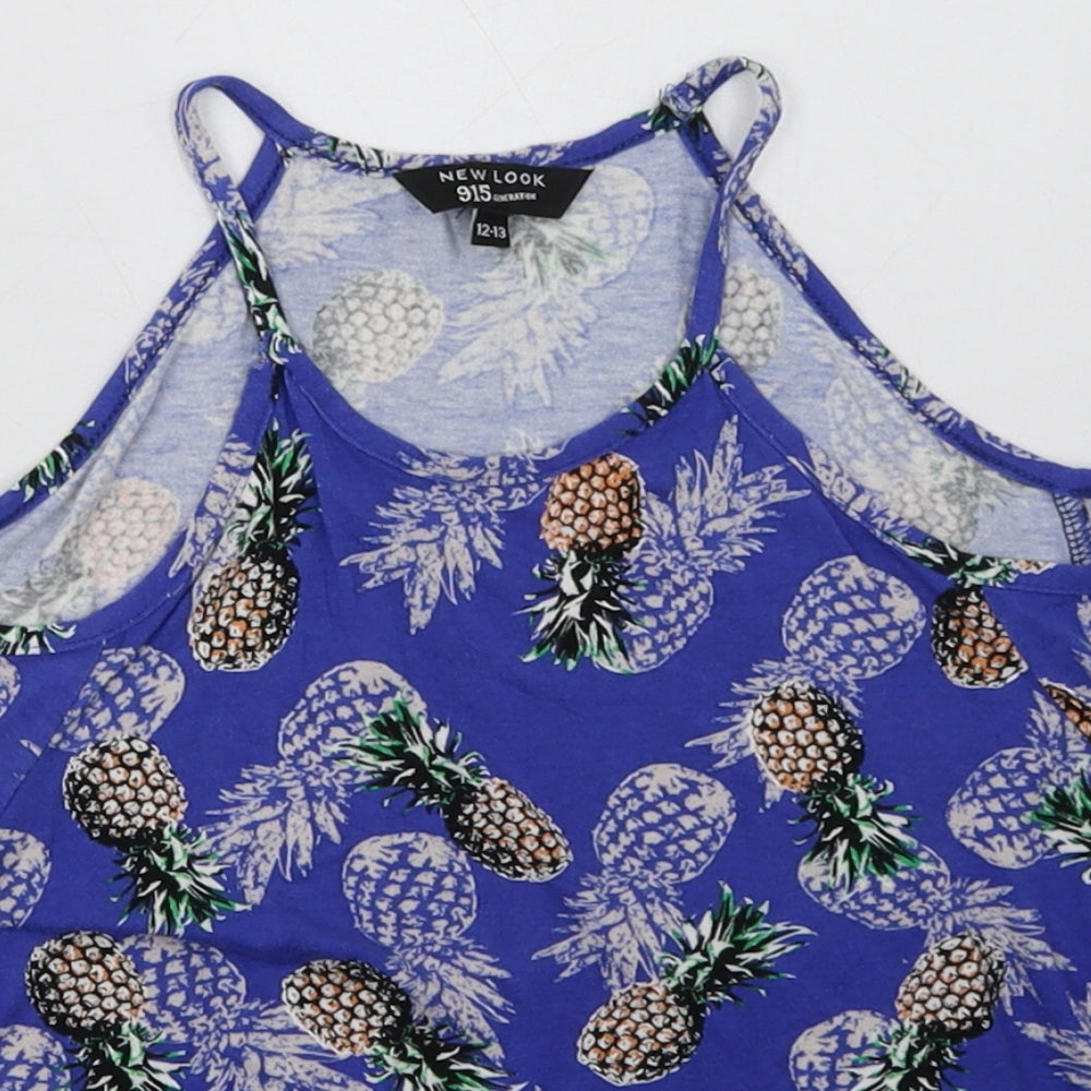 New Look Girls Blue Geometric Viscose Basic T-Shirt Size 12-13 Years Crew Neck Pullover - Pineapple Print