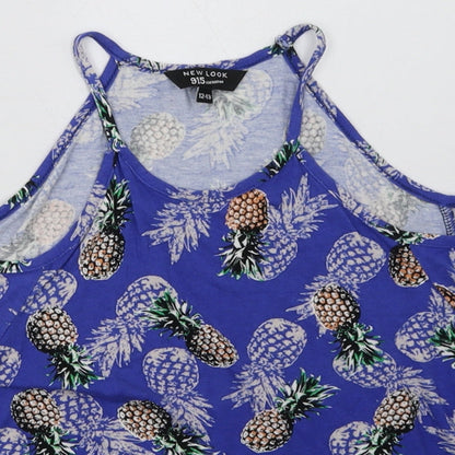 New Look Girls Blue Geometric Viscose Basic T-Shirt Size 12-13 Years Crew Neck Pullover - Pineapple Print