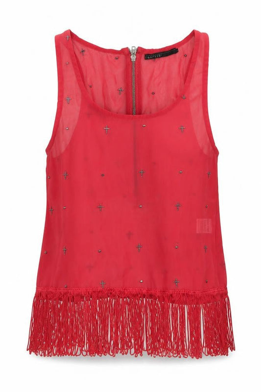 Front view of Crafted women’s pink geometric polyester basic tank, size UK 10, scoop neck