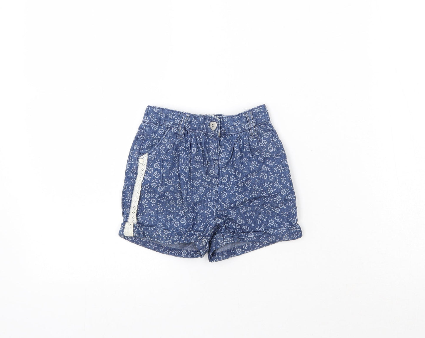Matalan Girls Blue Floral Cotton Cropped Jeans Size 12-18 Months  Button