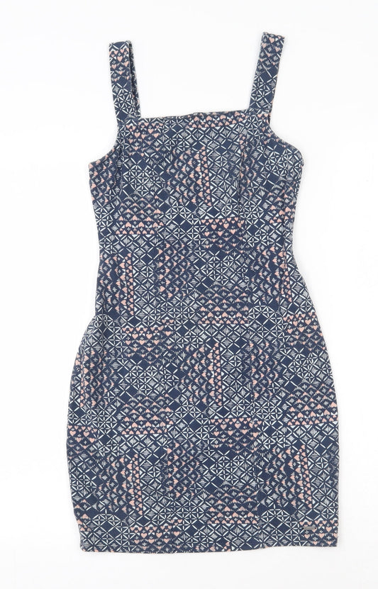 Hollister Womens Blue Geometric Cotton Bodycon  Size XS  Square Neck Pullover