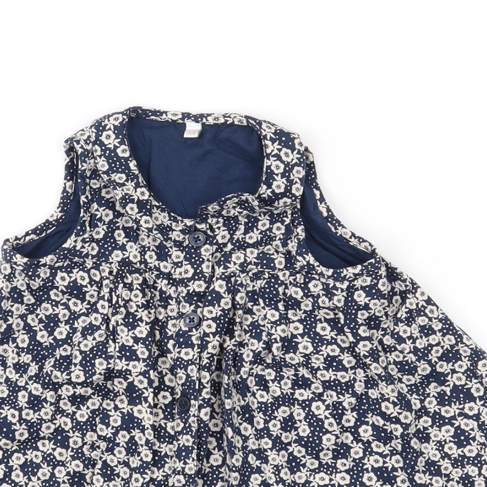 Debenhams Girls Blue Floral Cotton Shirt Dress  Size 6-9 Months  Round Neck Button - smock