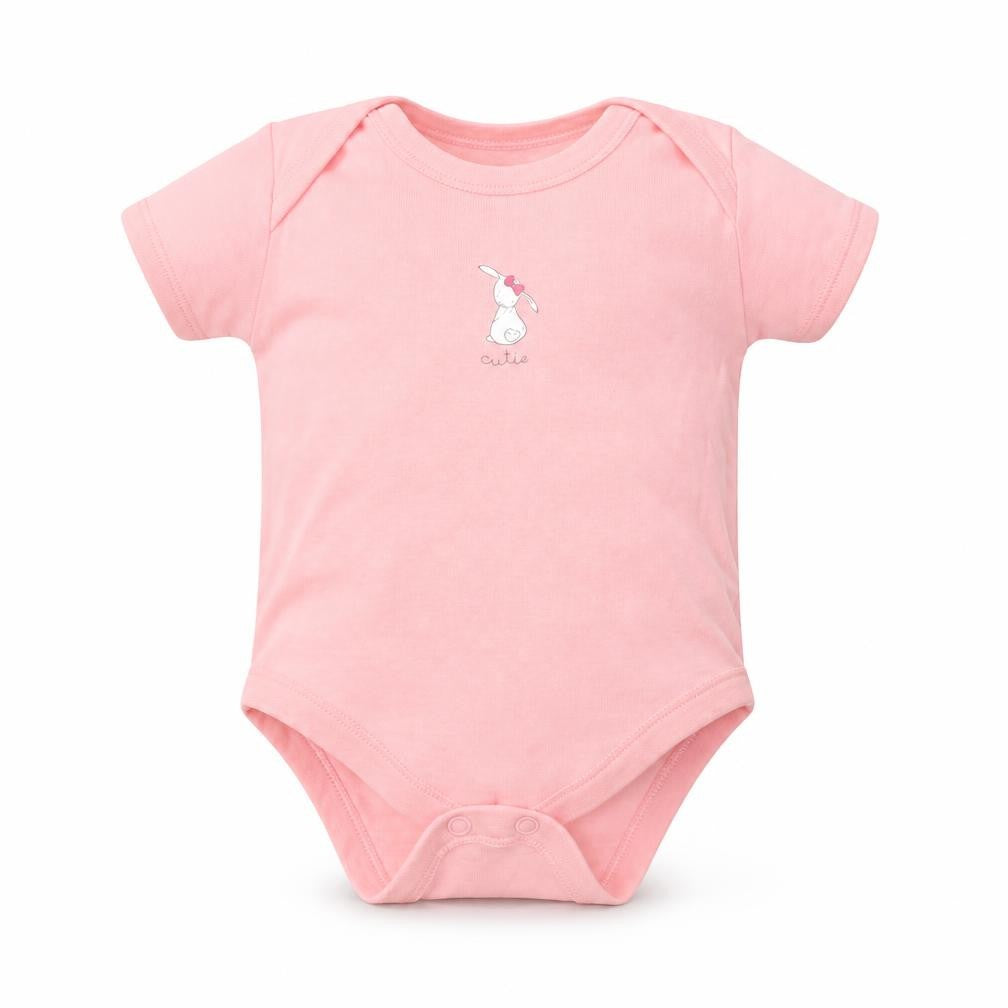 Front view of Matalan girls’ pink cotton babygrow one-piece, size 3-6, months snap - cutie